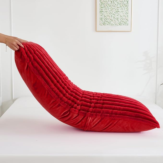 Full Body Pillow with Fluffy Stripe Faux Fur Removable Cover, 7D Fiber Fill, Long Bed Pillow for Adults 20x54 Inches for Side Sleeper and Pregnancy, Burgundy