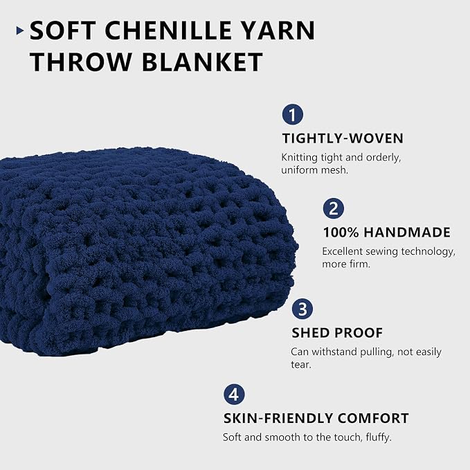 L'AGRATY Chunky Knit Throw Blanket for Couch, 50 x 60 Inches, Dark Blue | Handmade Chenille Crochet Blanket for Sofa Bed, Thick Cable Knitted Blankets for Room Home Decor, Birthday Gift for Women Mom