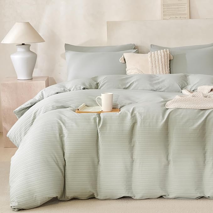 Queen Size Comforter Set Striped Sage Green Luxury Washed Microfiber Jacquard 3 Pieces Bedding, Sage Green Vertical Ticking Stripes Comforter with 2 Pillowcases Soft Breathable Durable Comfy