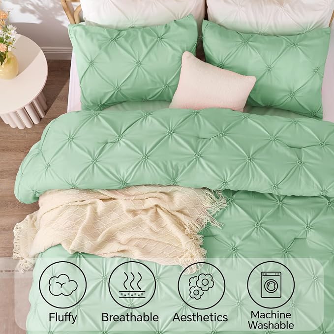 BEDELITE Queen Comforter Set Sage-Green,Lightweight & Soft Comforter | Pintuck Boho Bedding, Warm & Cute Bed Set for All Season,With 2 Pillowcases