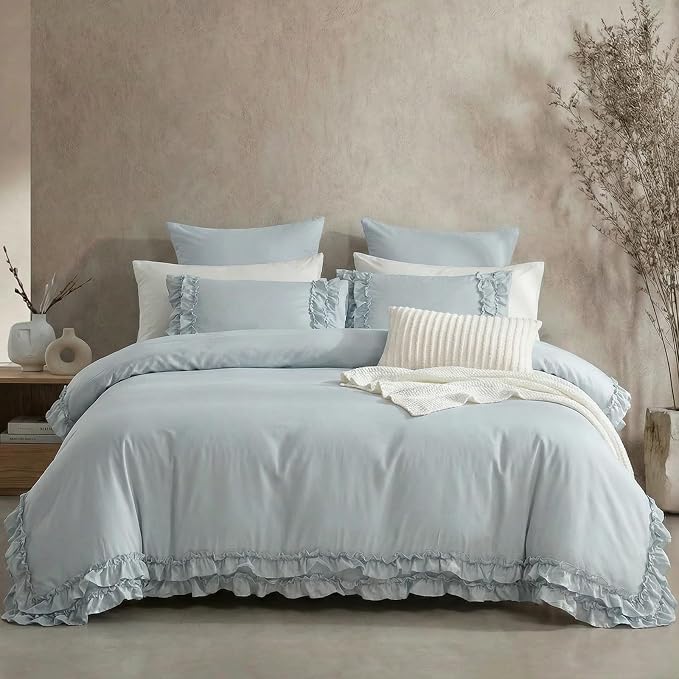 Bedrom Ruffled Queen Duvet Cover Set Blue Grey Bedding Set Shabby Chic Light Gray Boho Bedding Super Soft Lightweight Farmhouse Ruffle Duvet Cover Set for All Season