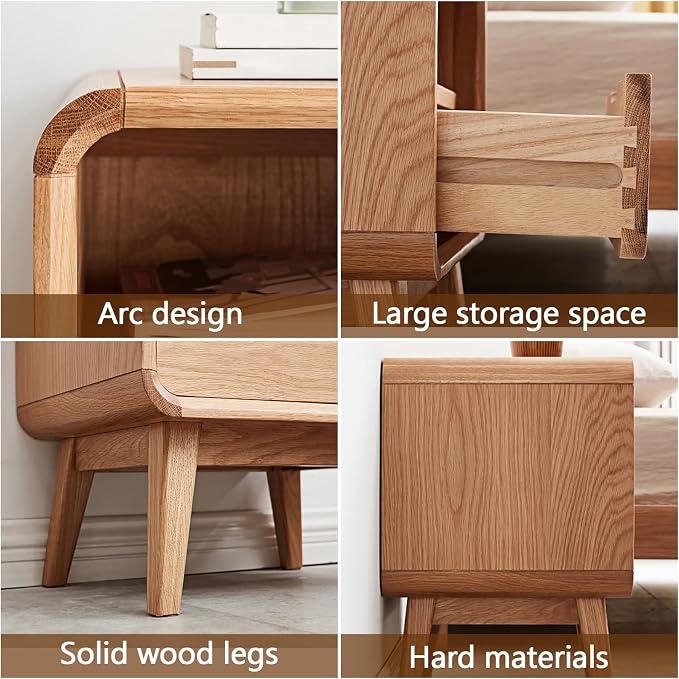 100% Solid Oak Nightstand, Wood Nightstands with 2 Drawers, Mid Century Modern Nightstands with Open Storage, Wooden Night Stand Bedside Table for Bedroom.