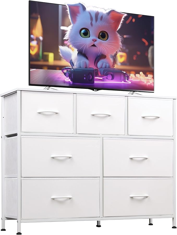 WLIVE Dresser for Bedroom, 7 Drawers, TV Stand, White | 7 roomy fabric drawers, Fits TVs up to 45 inch, Bedroom or living room, Wide storage design, Chest of drawers