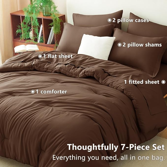 Oversized Queen Comforter Set Brown, 7 Pieces Bed in a Bag | OEKO-TEX Certified, All-Season, Bedroom, 240GSM Down Alternative Comforter, Flat & Fitted Sheets, 2 Pillowcases & 2 Shams