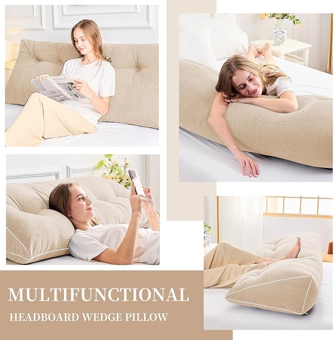 Sasttie Headboard Pillow Twin/Twin XL, Wedge Pillow Headboard, Beige | Triangle Backrest Cushion for Sitting or Reading in Bed, Dorm Essentials, OEKO-TEX, Down Alternative Fill, Side Pockets
