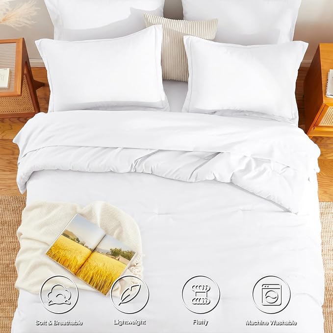 HIMEET Queen Comforter Set, 7-Piece Point-Quilted Bed in a Bag White | OEKO-TEX Certified, Lightweight 240 GSM Comforter, Flat Sheet, 14-Inch Deep-Pocket Fitted Sheet, Pillowcases & Shams