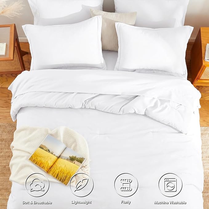 HIMEET King Comforter Set, 7-Piece Point-Quilted Bed in a Bag, White | OEKO-TEX Certified, Lightweight 240 GSM Comforter, Flat Sheet, 14-Inch Deep-Pocket Fitted Sheet, Pillowcases & Shams