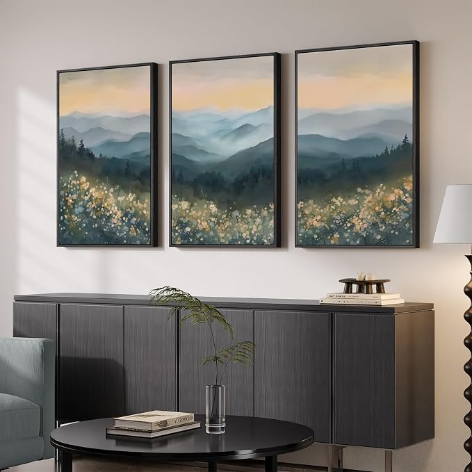 Large Framed Mountain Wildflower Landscape Wall Art for Living Room, 24x36 | Modern, Watercolor, Canvas artwork, Blue, Nature, Foggy scenery, Living room, Bedroom wall decor, Ready to hang, Wood frame