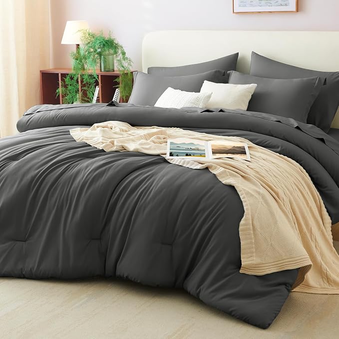 Full Size Comforter Set Dark Grey, 7 Pieces Bed in a Bag | OEKO-TEX Certified, All-Season, Bedroom, 240GSM Down Alternative Comforter, Flat & Fitted Sheets, 2 Pillowcases & 2 Shams