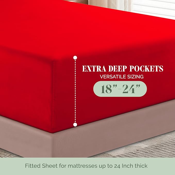 Elegant Comfort Luxurious 1500 Premium Hotel Quality Microfiber 4-Piece Sheet Set, 18-24 Inches Deep - Extra Deep Pocket Sheets - Ultra Soft 4PC Deep Pocket Sheets, Full, Red