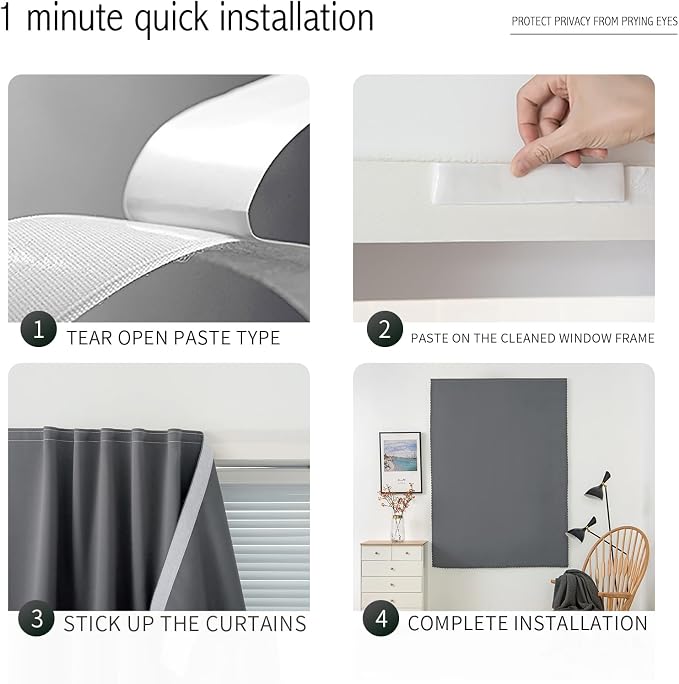 Portable Light Blocking Curtains Self-Stick Design, Removable Adhesive Window Shades for Apartment Office, 71" W x 84" L, Grey, 1 Panel