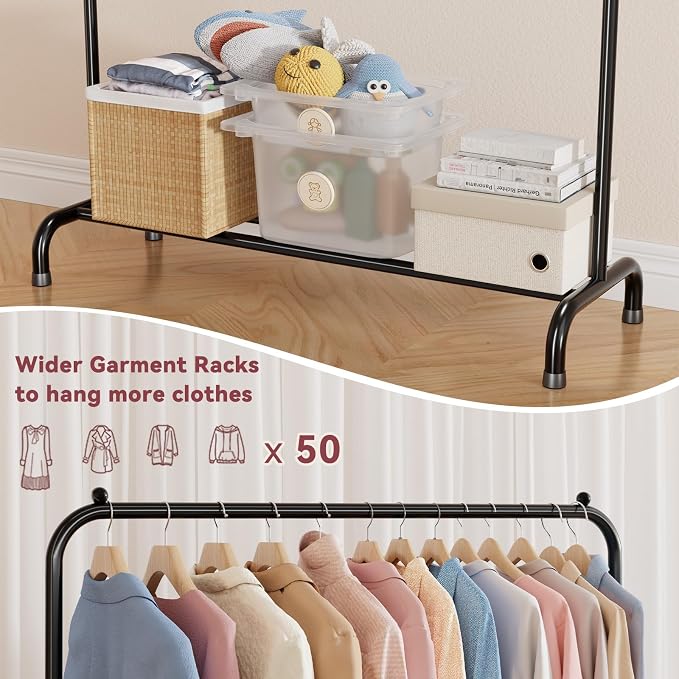 Clothing Clothes Rack with Storage Shelf, 45" L Standard Garment Rack for Hanging Clothes, Metal Portable Wardrobe Rack for Laundry Room, Bedroom, Black