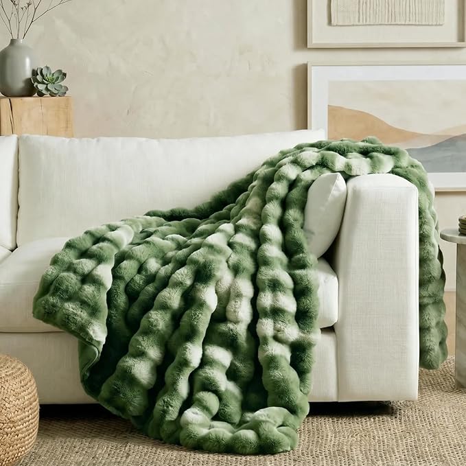 Cozy Bliss Faux Fur Throw for Couch, Fuzzy Soft Plush Thick Bubble Blanket for Sofa Bedroom Living Room, 50x60 Inches Tie-dye Olive Green