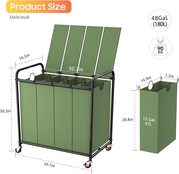 Laundry Sorter 4 Sections 48 Gal, Rolling Laundry Basket with Wheels ＆ Lid | Laundry Hamper, 4 Separated Removable Bags, Lockable Wheels, Dirty Clothes Hamper for Laundry Room Organizer, Green