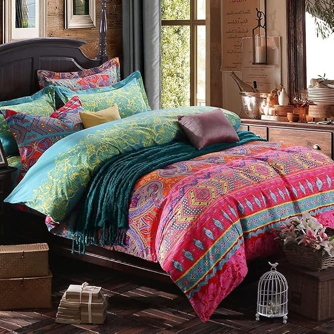 Boho King Size Comforter Set Soft Chic 3 Pieces Bedding Queen Comforter Set Lightweight Exotic Red Teal Bohemian Mandala Colorful Vintage Comforter Bed Set for All Seasons (King, Boho)