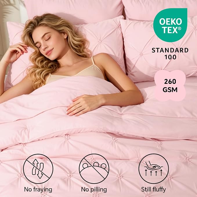 BEDELITE Queen Comforter Set Baby Pink,Lightweight & Soft Comforter | 7 Pc Boho Bed in a Bag,Warm & Cute Bed Set for All Season,Includes Comforter,Flat & Fitted Sheets,2 Pillowcases & 2 Shams