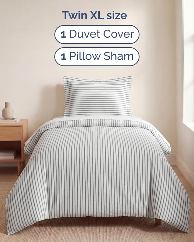 Duvet Cover Twin/Twin XL - 2 Piece with Zipper Closure - Grey Stripes | Extra Soft, Breathable, Twin/Twin XL Duvet Cover 68" x 90" w/ 1 Pillow Sham, Zipper Closures & Ties, Women, Men, Kids & Teens