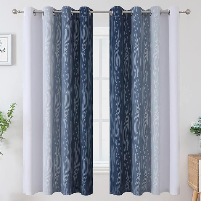 Navy Blue and Greyish White Blackout Curtains for Boys Bedroom 63 Inch Long | Estelar Textiler Ombre Room Darkening,Light Blocking,Thermal Insulated,Grommet Window Drapes for Living Room,52Wx63L,2 Panels