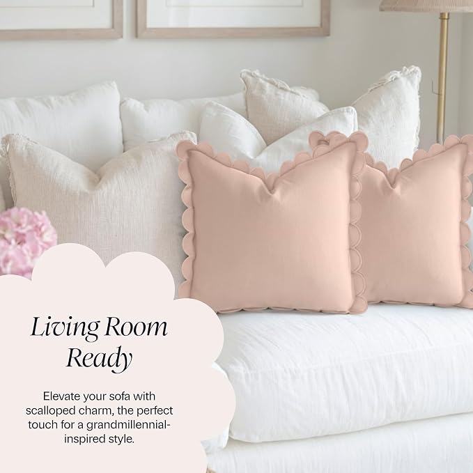 BEBE BASK Scalloped Pillow Cover Set of 2, 18x18, Cotton - Peach Pink | 100% Cotton, Scallop Pillow Covers, Grandmillennial Style, 18 by 18 Inch, Easy to Care, Machine Washable, Scalloped Pillows