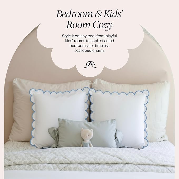 BEBE BASK Scalloped Pillow Cover Set of 2, 18x18, 100% Cotton - White/Blue | 100% Cotton, Scallop Pillow Covers, Grandmillennial Style, 18 by 18 Inch, Easy to Care, Machine Washable, Scalloped Pillows