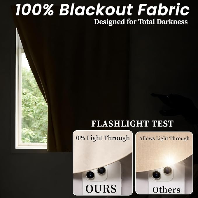 AJAZZ 100% Blackout Shades Window Cover Self Adhesive Curtains Sticky Curtain Portable Easy Open Black Out Curtains for Bedroom Living Room No Drilling (Beige, 35" W x 84" L 1 Panel)