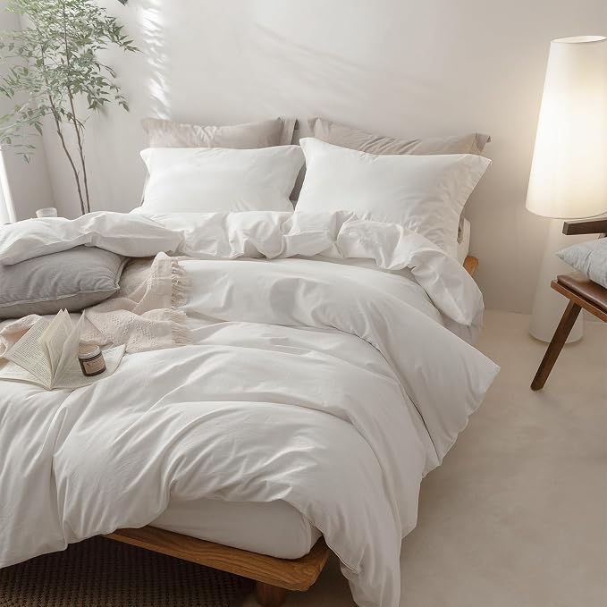 BDEAR 3Pcs Off White Duvet Cover Set Super Queen Size 98" L x 90" W | 100% Washed Cotton, 1 Duvet Cover with 2 Pillowcases, Zipper Closure, OEKO TEX Standard,8 Corner Ties,Linen-Liked Texture