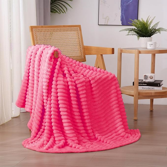 Hot Pink Fleece Throw Blanket 60”×80” for Couch Sofa Livingroom | Super Soft Cozy Plush Microfiber Flannel Bed Blanket Striped Design Lightweight Home Decor Gifts for Adults Mom Women