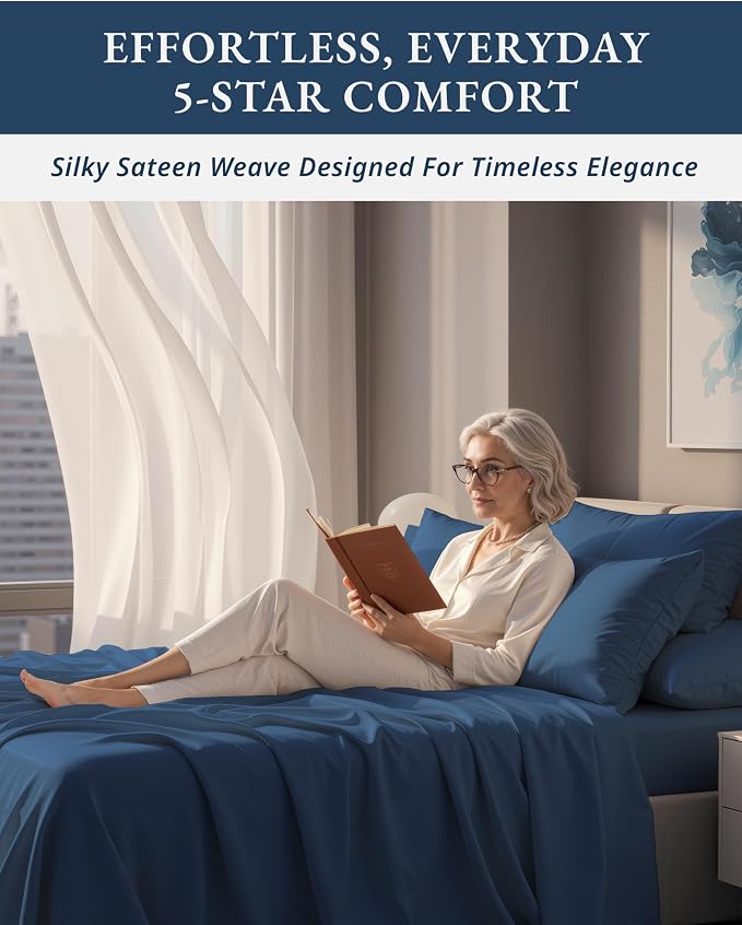 LANE LINEN Full Bed Sheets 100% Egyptian Cotton Sateen - Estate Blue | Full Sheets - 4-Piece Set, For A Luxurious Night's Sleep, For Guests And Everyday Use, Long-Staple Egyptian Cotton