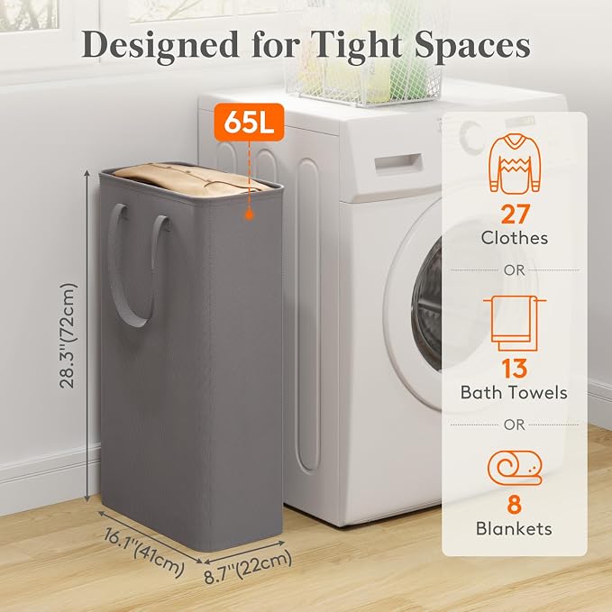 Lifewit Slim Collapsible Laundry Basket with Handles, 65L, Grey | Narrow Laundry Hamper for Dirty Clothes, Tall Thin Laundry Bin, Small Clothes Hamper for Bathroom, Bedroom, RV, Dorm