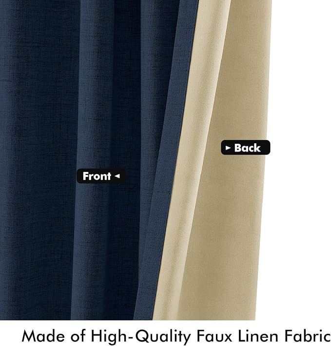 MIULEE 100% Blackout Linen Curtains 42 x 90 Inch Midnight Blue 2 Panels | Thermal Insulated, Room Darkening Drapes for Bedroom Living Room, Back Tab Rod Pocket Pinch Pleated, Solid Luxury Decor