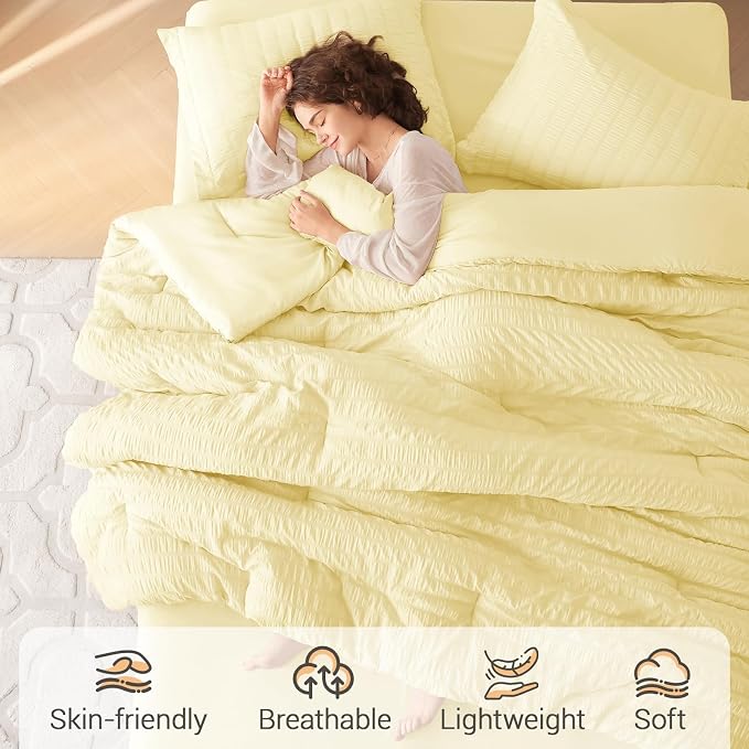 7 Pieces Oversized Queen Comforter Set, Seersucker Bed in a Bag Oversized Queen Size, All Season Luxury Bedding Set with Comforter, Flat Sheet, Fitted Sheet, Pillowcases & Shams, Yellow