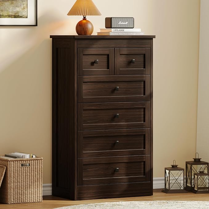 wanan Tall 6 Drawer Dresser for Bedroom, Walnut Modern 43.3'' Tall Wood Chest of Drawers, Storage Organizer with Smooth Metal Rails & Anti-Tip Kit for Closet, Hallway, Living Room