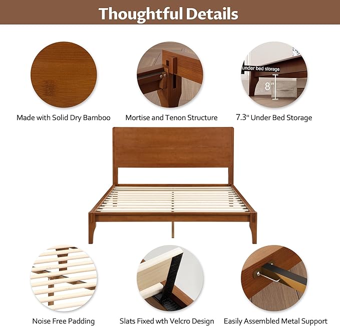 Merax Queen Size Bamboo Platform Bed Frame with Tall Headboard, Brown | Mid-Century Modern Solid Bedframe Queen-Size, Wood Slat Support, No Box Spring Needed, Easy Assembly, Noise Free