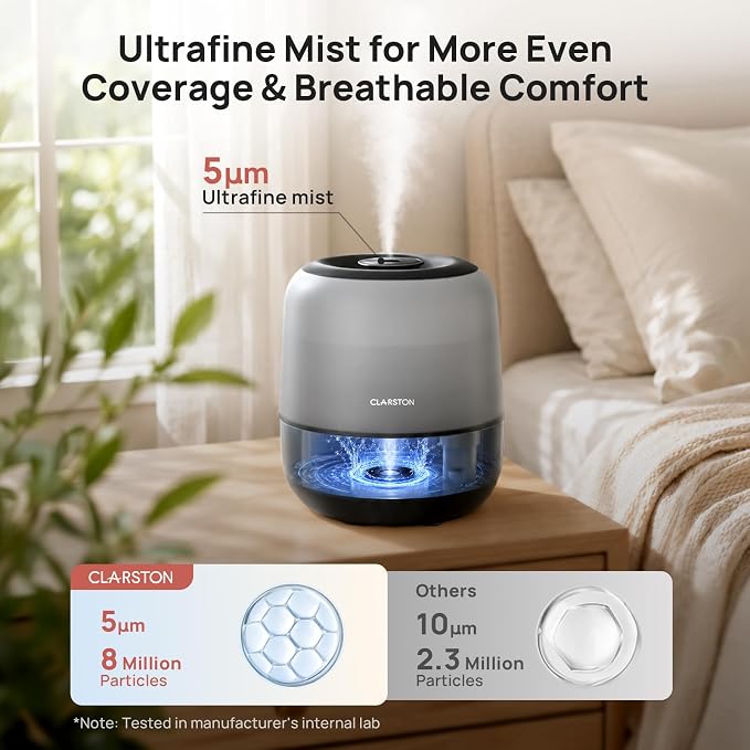 Clarston Humidifiers for Bedroom, 2L Cool Mist Humidifier, 24dB Quiet Sleep | 25H Runtime, Easy to Top Fill & Clean, Humidification for Baby Nursery & Plant, 360° Nozzle for Large Room, Nightlight,No BPA