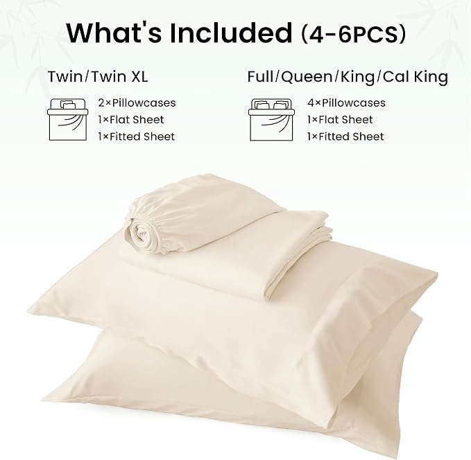 Love's cabin 6 Piece Queen Sheet Set, 100% Rayon Derived from Bamboo, Cooling & Breathable, Soft Silky Deep Pocket up to 16", Hotel Luxury Bedding for Hot Sleepers, Beige