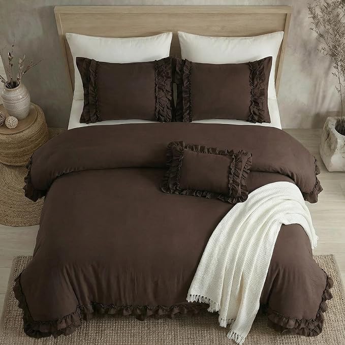 Dark Brown Duvet Cover Set Elegant Ruffled Bedding King Shabby Chic Lace Ruffle Boho Bedroom Decor Vintage Boho Style Chocolate Duvet Cover with Pillowcases
