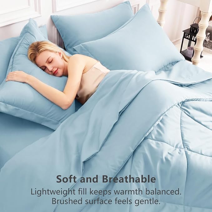Full Size Comforter Sets Light Blue - 7 Pieces Complete Bedding Set | OEKO-TEX Certified, All Season, 240GSM Down-Alternative Comforter, Sheets, Pillowcases & Shams, 14" Deep Pocket, Easy Care