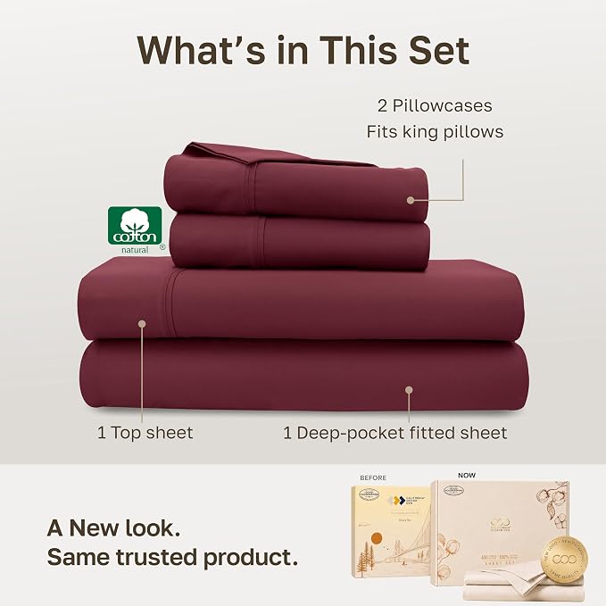 California Design Den Soft 100% Cotton Sateen King Bedsheets Set | 400 Thread Count Backed by Good Housekeeping Seal, 16" Deep Pocket, All-Around Elastic, Durable, Easy Care - Burgundy Red