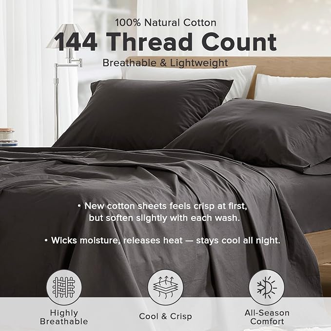 Comfort Spaces 100% Cotton Percale Sheets Cal King Sheet Set 4 Pcs, Black | Crisp, Cool & Breathable Bed Sheets, 14" Deep Pocket Fits Up to 16" Mattress, Lightweight, All Season Cozy, with Pillow Case