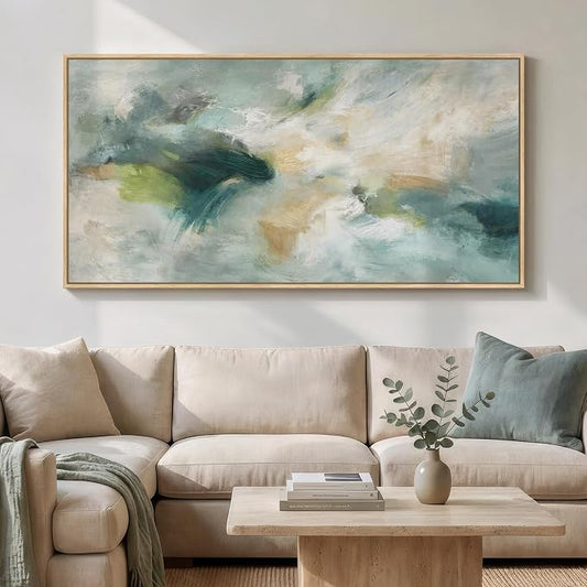 Extra Large Framed Sage Green Abstract Wall Art for Living Room, 36x72 In | Modern teal paintings, Horizontal canvas prints, Oversized pictures, Contemporary artwork, Wall decor for bedroom dining room