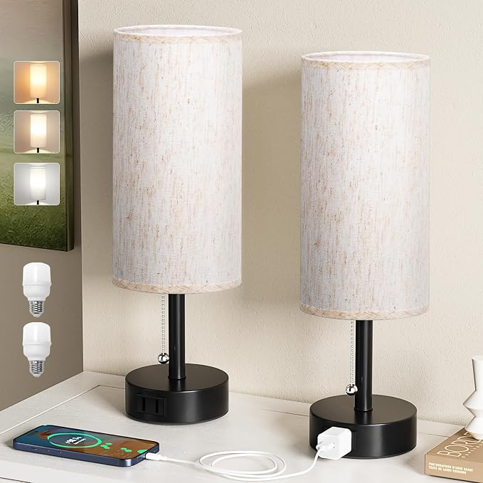 Bedside Table Lamps Set of 2 - Bedroom Lamp for Desk, AC Outlet | Pull Chain, 3 Color Temperatures (3000K/4000K/5000K), LED Bulbs Included, 14in Small Lamp for Dorm, Nightstand, Living Room