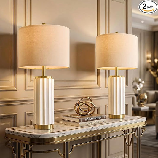 USumkky 25.75" Off-White Ceramic Table Lamp Set of 2, Mid Century Modern Bedside Nightstand Lamps for Bedroom Living Room, Linen Shade & Gold Metal Base, Rotary Switch E26 (Bulbs Excluded)