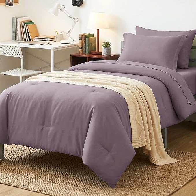 Twin Comforter Set Dusty Purple, 5 Pieces Bed in a Bag Twin Comforter Set with Sheets, Grayish Purple Bedding Sets with Down Alternative Comforter, Sheets, Pillowcase & Sham, Soft Bed Set