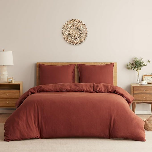 DAPU 100% French Linen Duvet Cover 3Pcs Set, 170GSM Linen Bedding, King | Soft Breathable All-Season for Hot sleepers, Corner Ties & Zipper Closure, French Linen Flax from Normandy, Rust Red