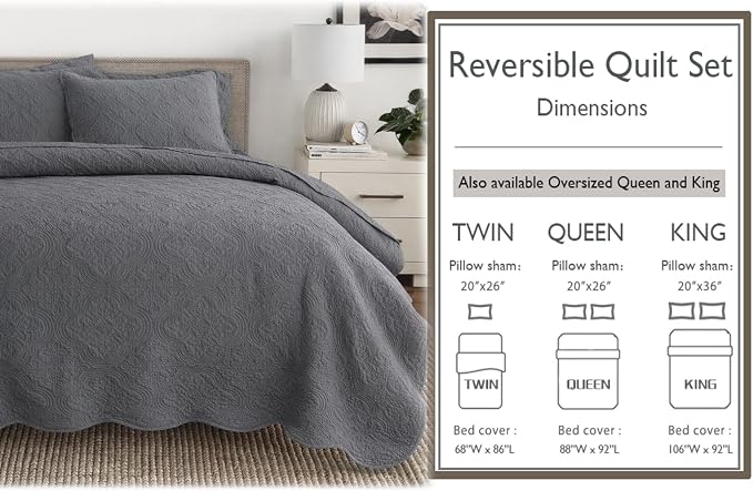 Cozy Line Home Fashions 100% Cotton Quilt Set, Grey, King, 3-Piece | Solid Textured Quilted Bedspread with Shams, Lightweight, All Season, Modern Bedding