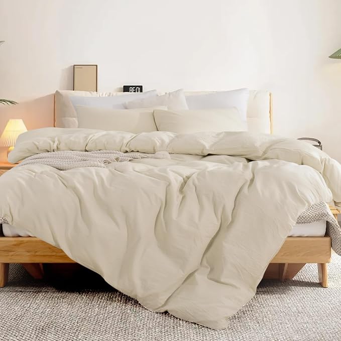 NEXHOME PRO Duvet Cover Set 100% Washed Cotton Full Size Linen Feel Textured Organic Natural 3 Pieces Bedding Set with Zipper Closure and Corner Ties, Breathable(Cream Grey, No Comforter)