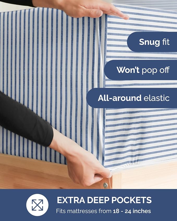 Extra Deep Flex Top Split Head King Fitted Sheet Only - Blue Stripes | Easily Fits 18 inch to 24 inch Mattress, Soft, Wrinkle Free, Breathable & Comfy, Extra Deep Pockets Hotel Luxury Fitted Sheet
