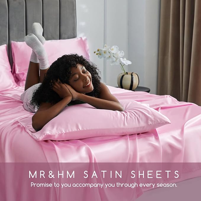 MR&HM Satin Sheets Twin Size with Elastic Corner Straps, Pink | Similar to Silk, 3-Piece Silky Soft Bed Sheet Set, Gentle on Skin and Hair, 15" Deep Pocket, Cooling & Breathable