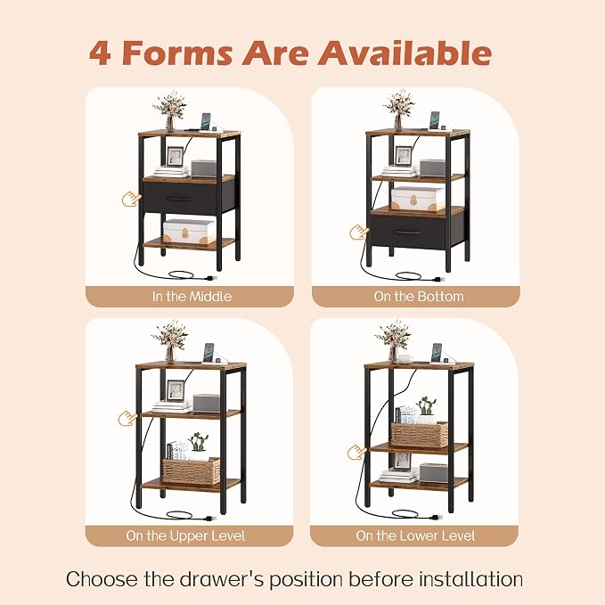SUPERJARE Nightstand Set of 2 with Charging Station, USB-C Port, End Tables | Night Stand for Bedroom, with Adjustable Fabric Drawer, 3-Tier Storage Bedside Tables for Living Room, Rustic Brown & Black