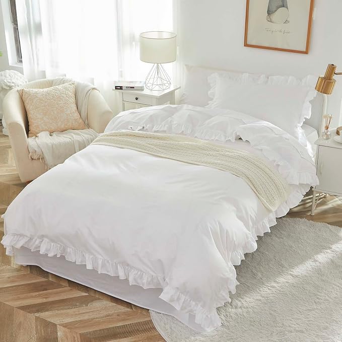 Brandream Kid's Duvet Cover Full/Queen Size 100% Organic Cotton 3pcs Boys Girl Bedding Duvet Cover Shams Set, Delicate Ruffle Fringe Solid Color Soft and Breathable (White)